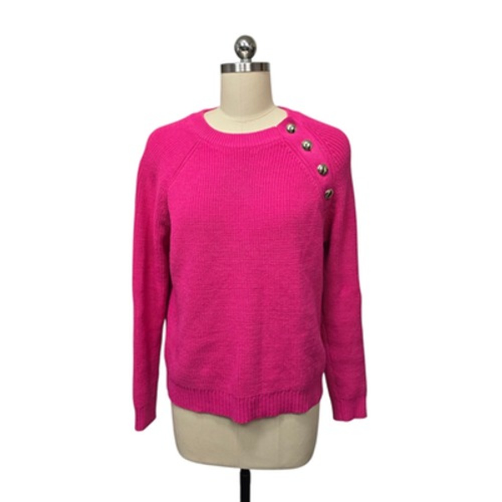 Sezane Sweater Womens Medium Pink‎ Gold Button Shoulder Crewneck Raglan Knit